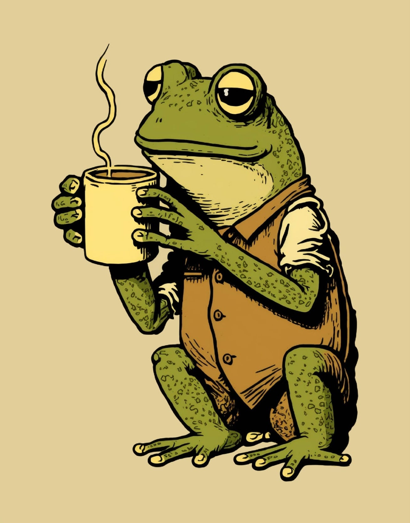 Decorative "Frog with a Cup" Illustration Poster | High - Quality Print | Repositionable Adhesive - Pasquín