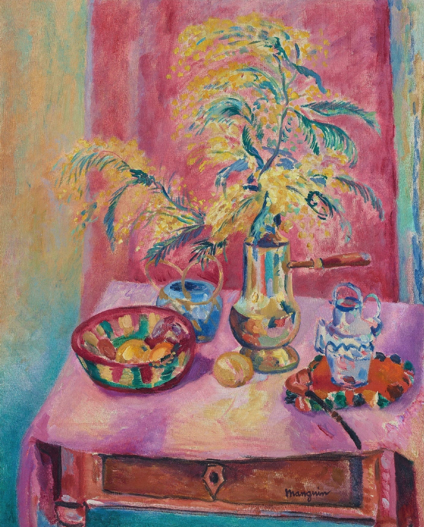 Decorative "Mimosas dans la chocolatière (1919)" by Henri Manguin Poster | High - Quality Print | Repositionable Adhesive - Pasquín