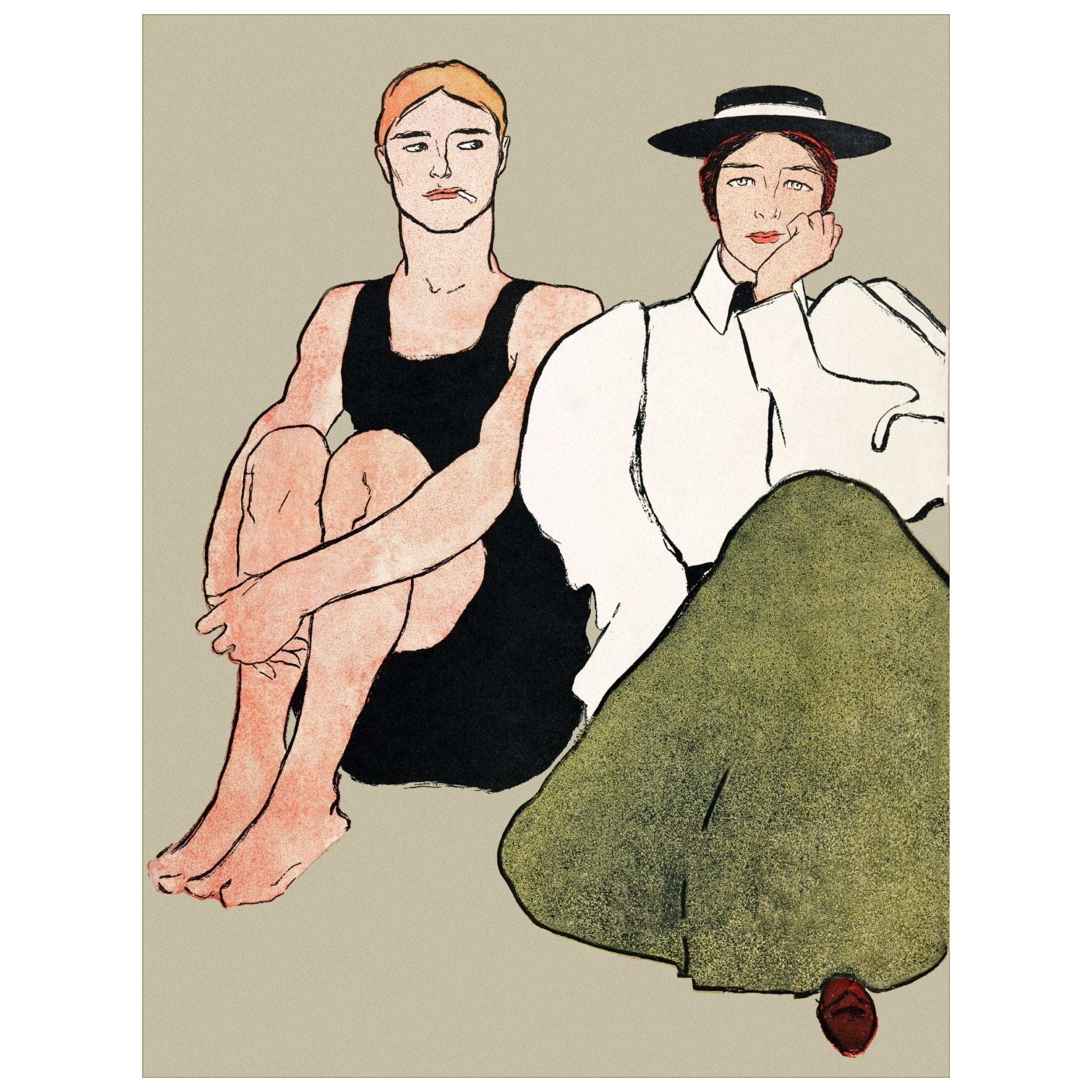 Decorative "Vintage Woman and Man in Swimsuit" | Remixed from Edward Penfield's Artworks | High - Quality Print | Repositionable Adhesive - Pasquín