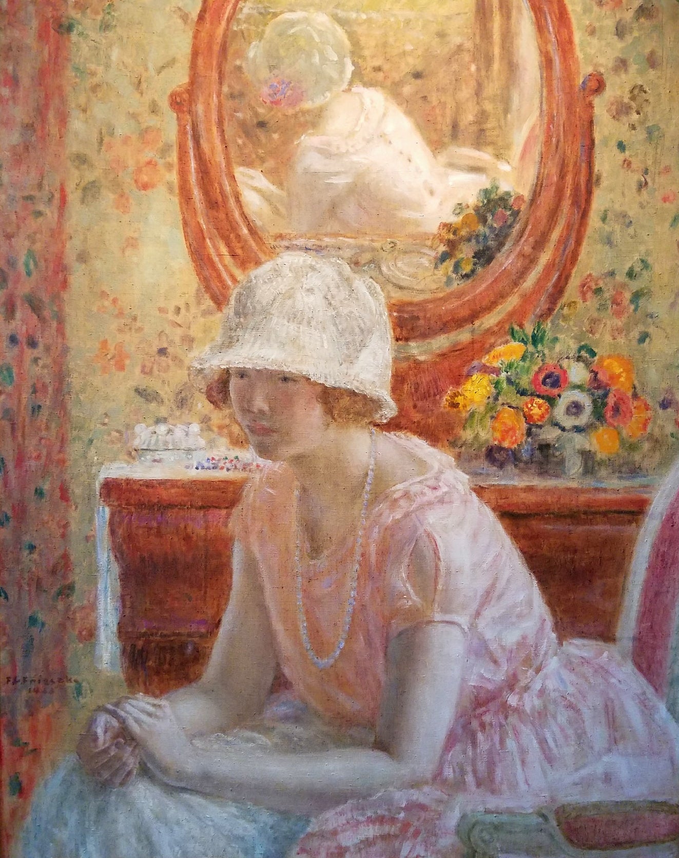 Decorative "Young Girl Before a Mirror in a Pink Dress" by Frederick C. Frieseke Poster | High - Quality Print | Repositionable Adhesive - Pasquín Store