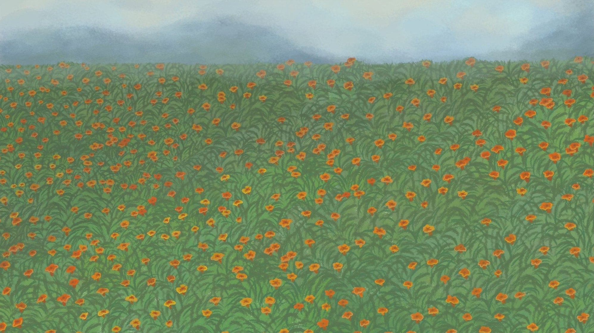 Handmade "Orange Flowers Field" Poster | High - Quality Print | Repositionable Adhesive - Pasquín Store