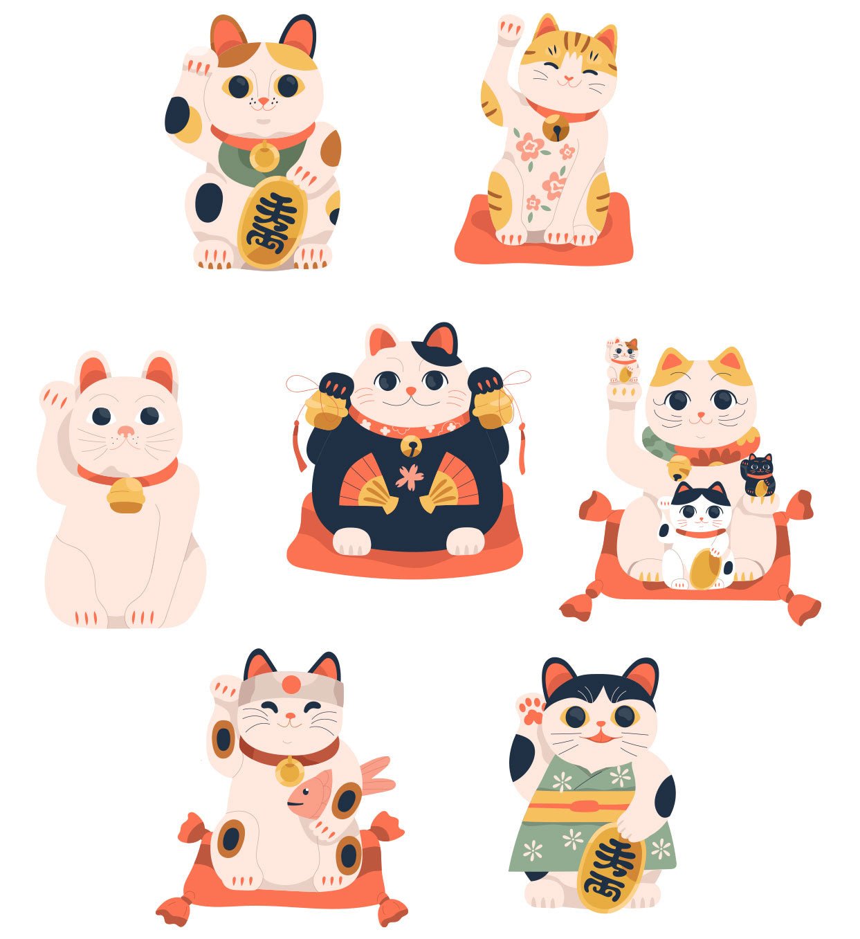 Set de 7 Stickers Reutilizables: Maneki-neko, Gatos de la suerte - Tienda Pasquín