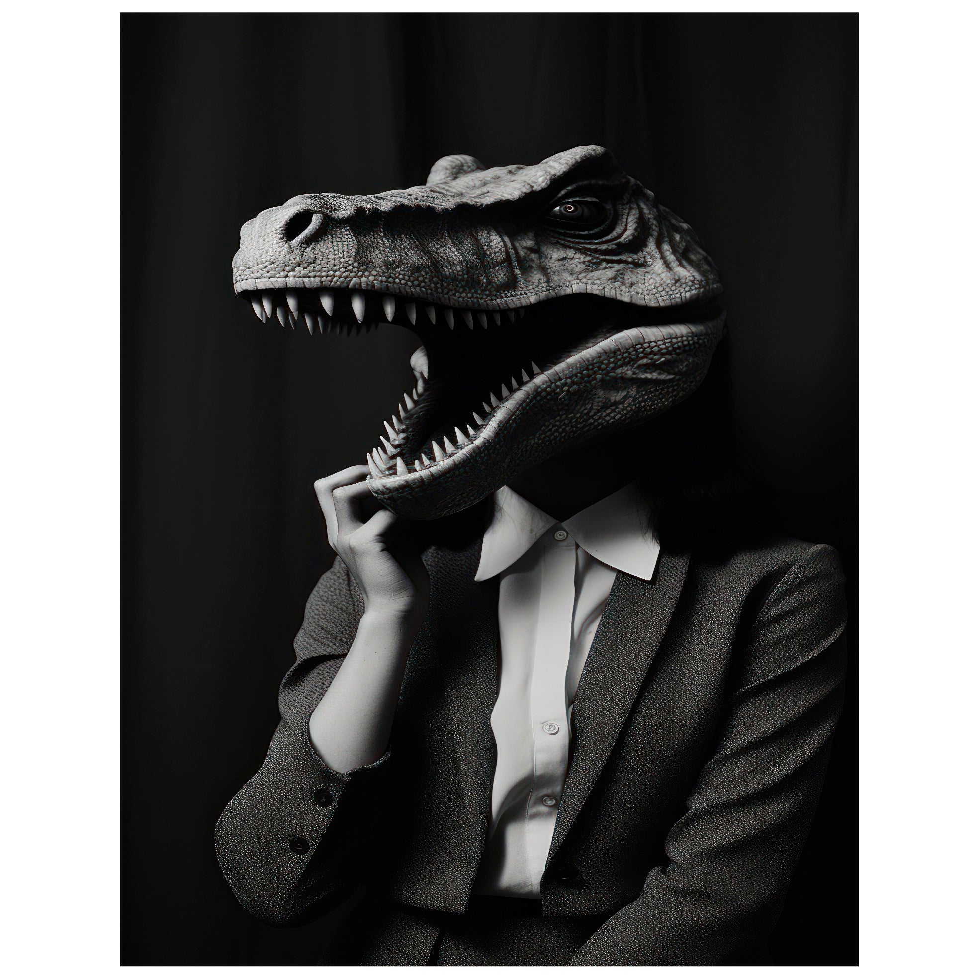 Decorative "A woman in a Dinosaur mask" Poster | High - Quality Print | Repositionable Adhesive - Pasquín