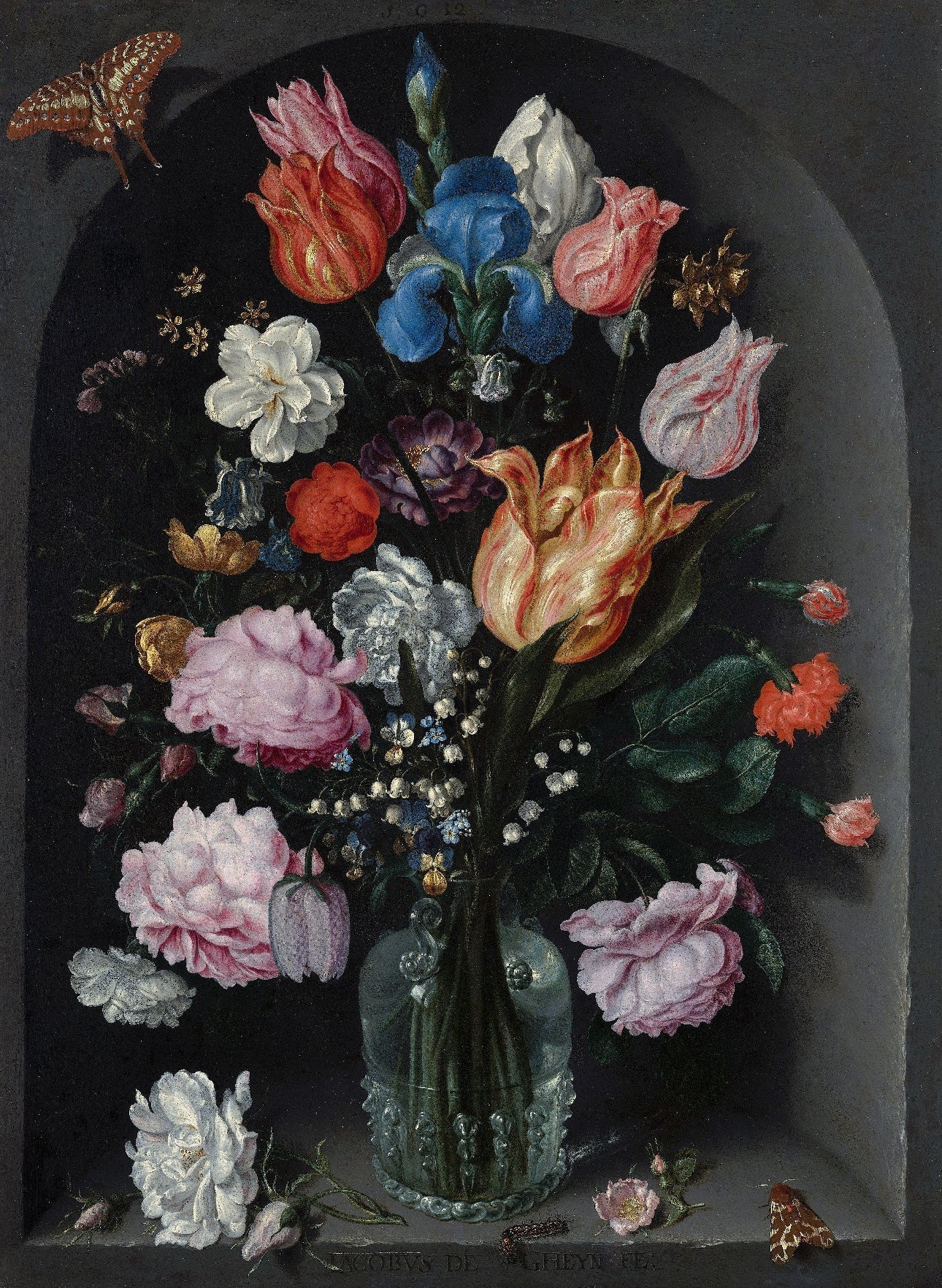 Decorative "Flowers in a Glass Flask (1612)" by Jacob de Gheyn II Poster | High - Quality Print | Repositionable Adhesive - Pasquín Store