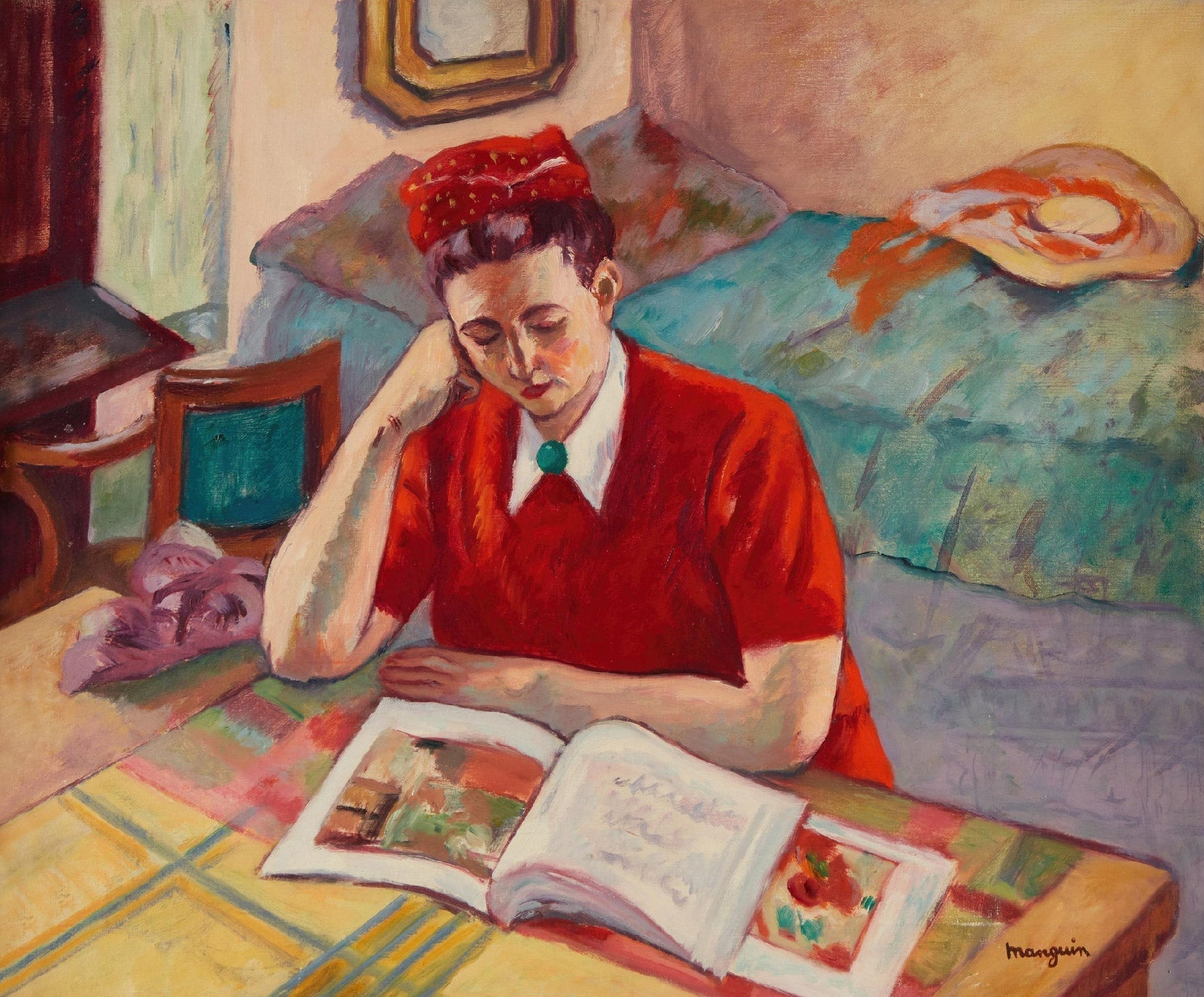 Decorative "Odette au turban rouge (1947)" by Henri Manguin Poster | High - Quality Print | Repositionable Adhesive - Pasquín