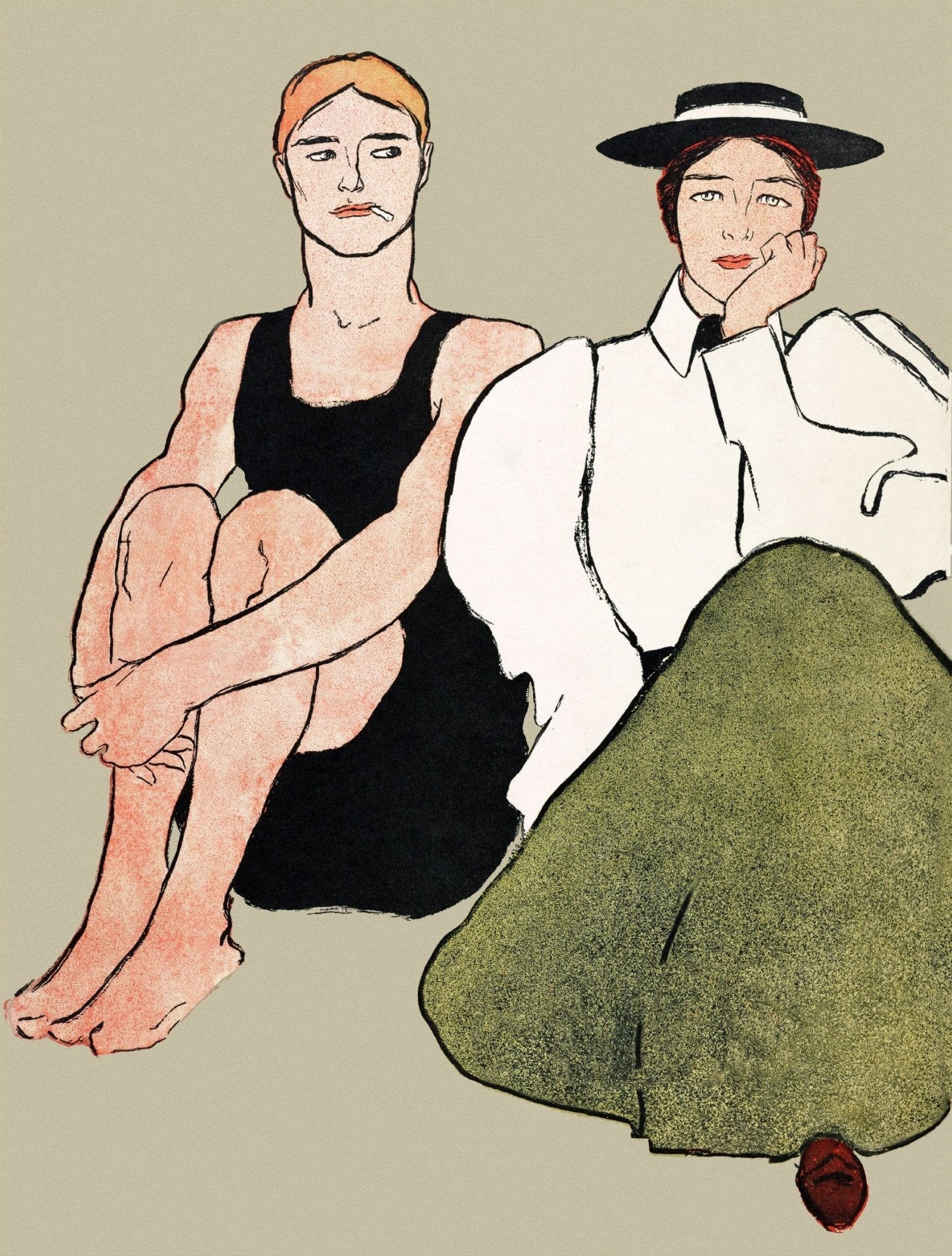 Decorative "Vintage Woman and Man in Swimsuit" | Remixed from Edward Penfield's Artworks | High - Quality Print | Repositionable Adhesive - Pasquín