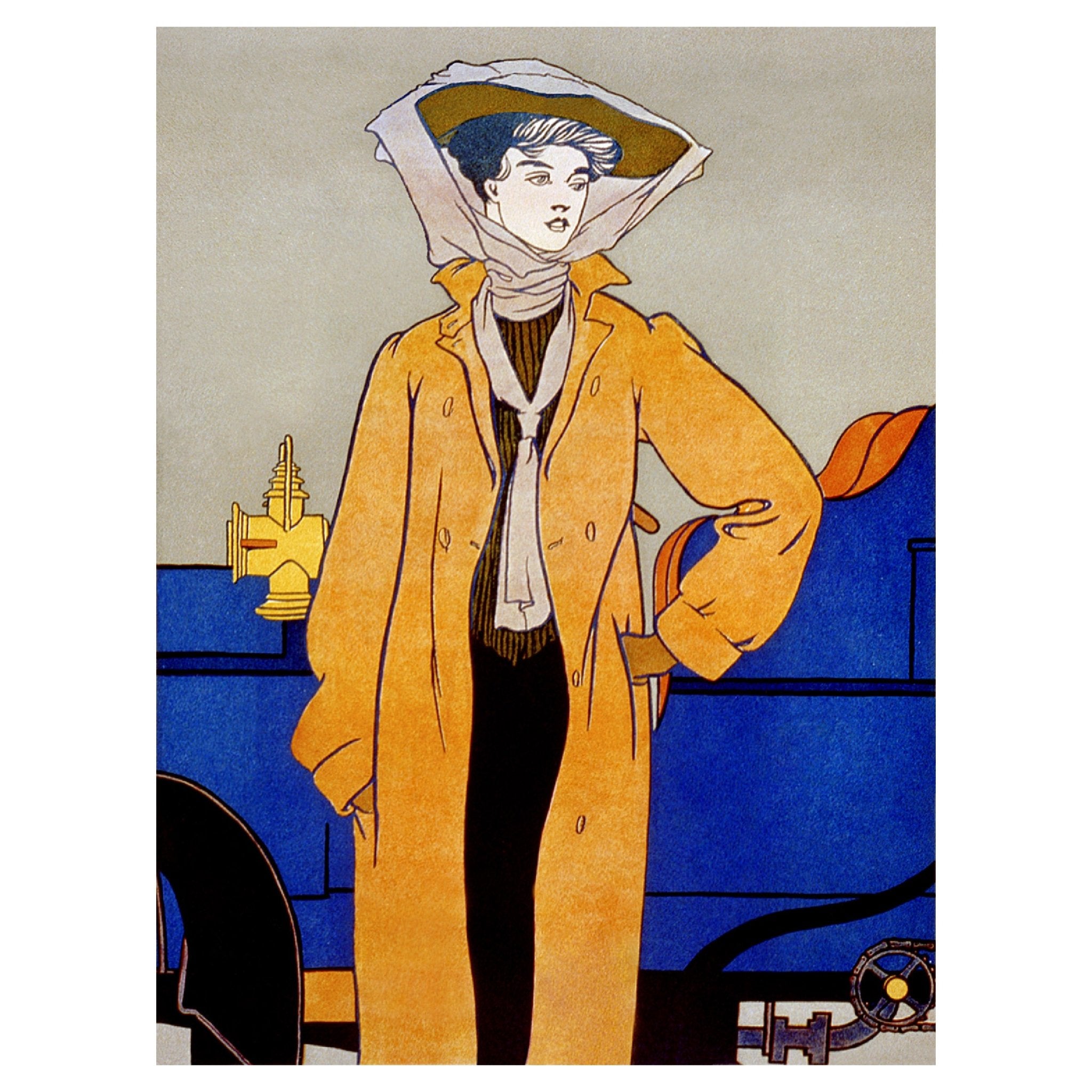 Decorative "Woman in Yellow Driving Coat" | Remixed from Edward Penfield's Artworks | High - Quality Print | Repositionable Adhesive - Pasquín