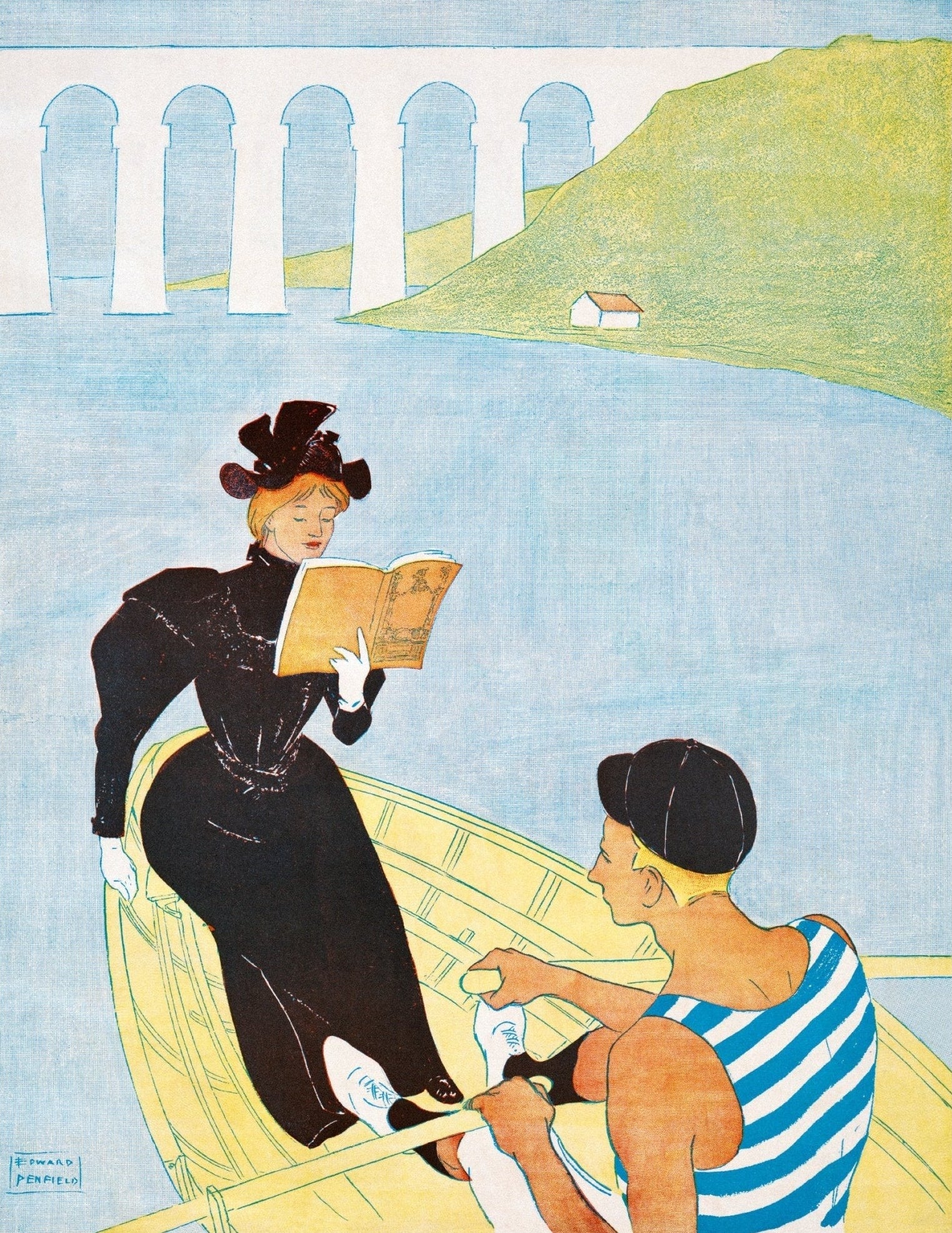 Decorative "Woman Reading in a Row Boat (1894)" by Edward Penfield Poster | High - Quality Print | Repositionable Adhesive - Pasquín