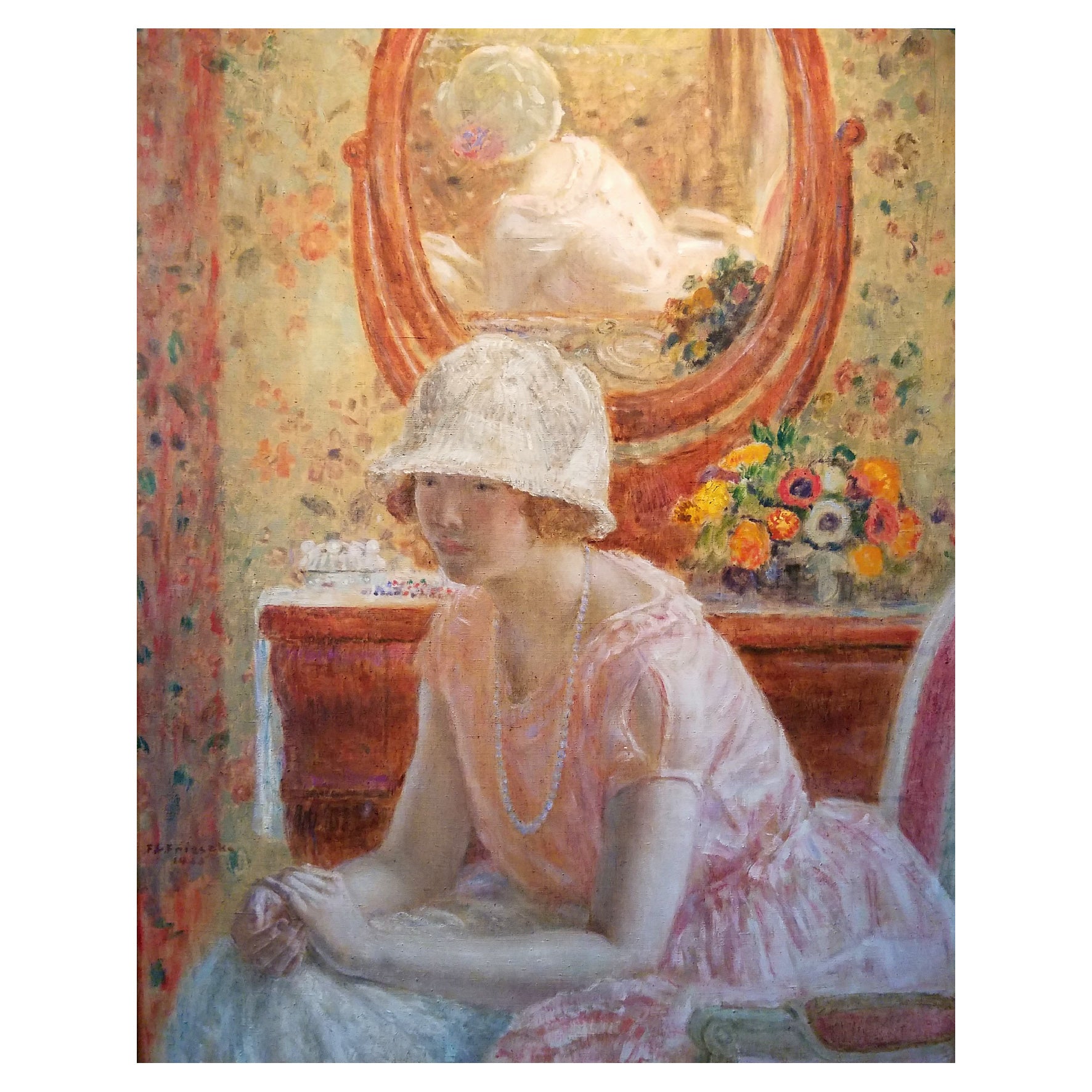 Decorative "Young Girl Before a Mirror in a Pink Dress" by Frederick C. Frieseke Poster | High - Quality Print | Repositionable Adhesive - Pasquín Store