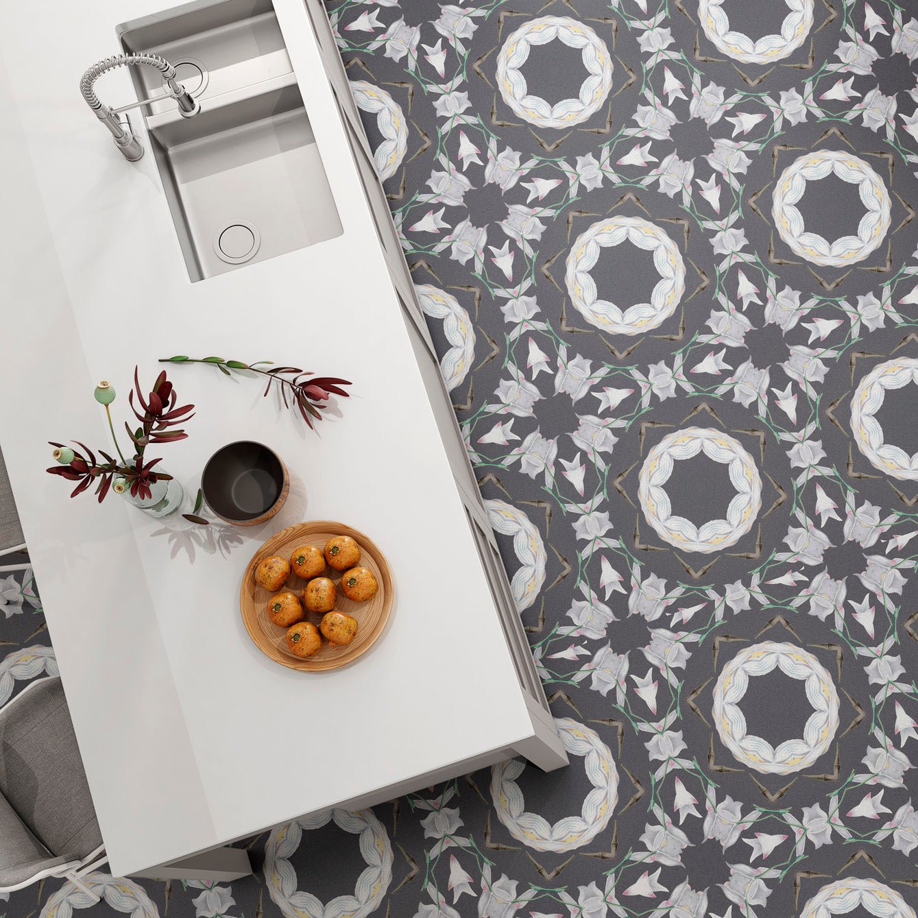 Floral Peel - and - Stick Tiles | Self - Adhesive Vintage Gray Design | Limited Edition - Pasquín Store