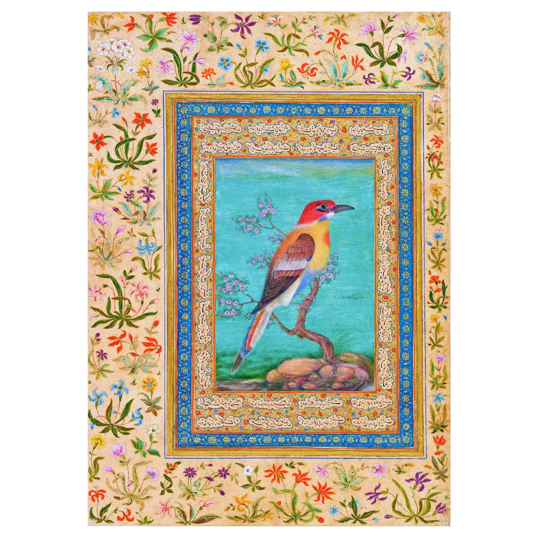 Handmade "Shah Jahan Album: Colored Red Bird " Poster | High - Quality Print | Repositionable Adhesive - Pasquín Store