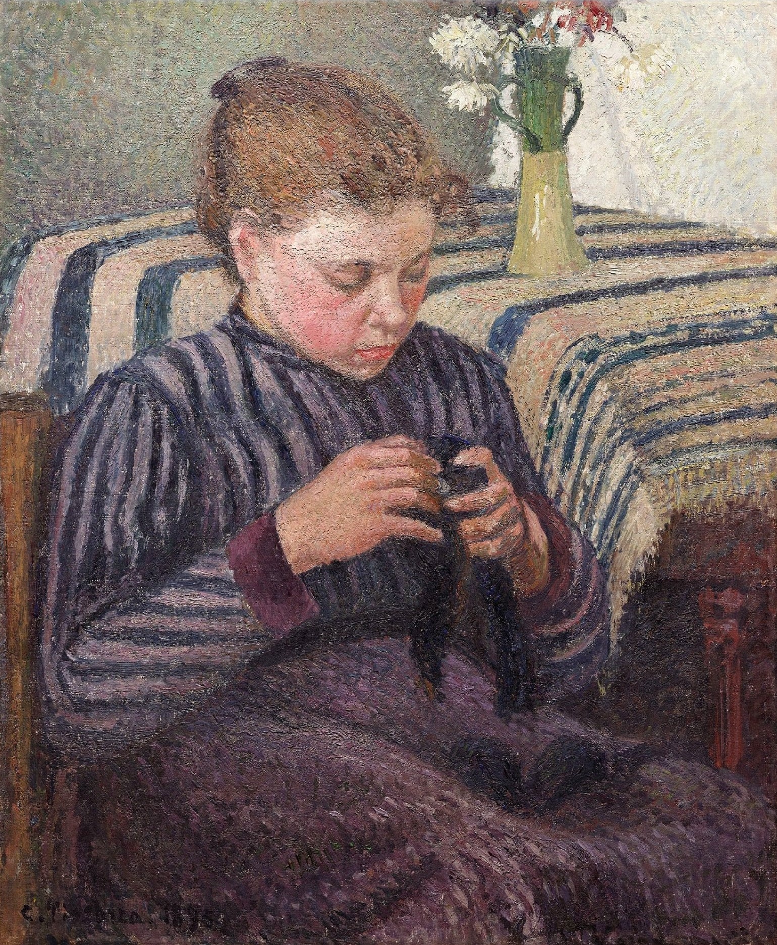 Handmade "Woman Mending (1895)" by Camille Pissarro Poster | High - Quality Print | Repositionable Adhesive - Pasquín Store
