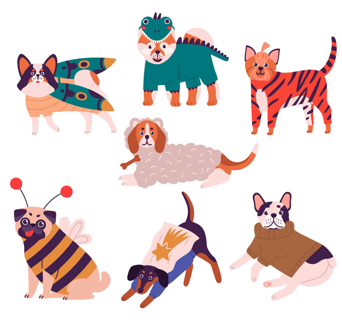 Set of 7 Reusable Stickers: Dogs in Costumes | High - Quality Print | Water - Resistant - Pasquín Store