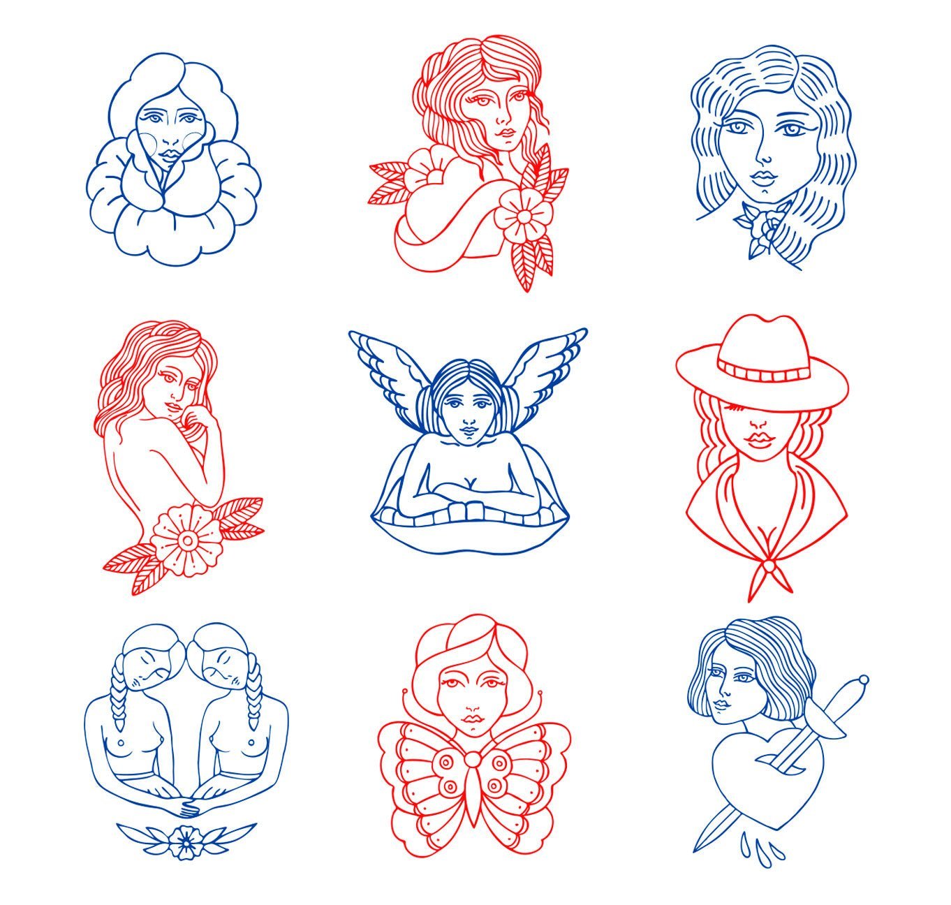 Set of 9 Reusable Stickers: Woman Traditional Tattoo | High - Quality Print | Water - Resistant - Pasquín Store