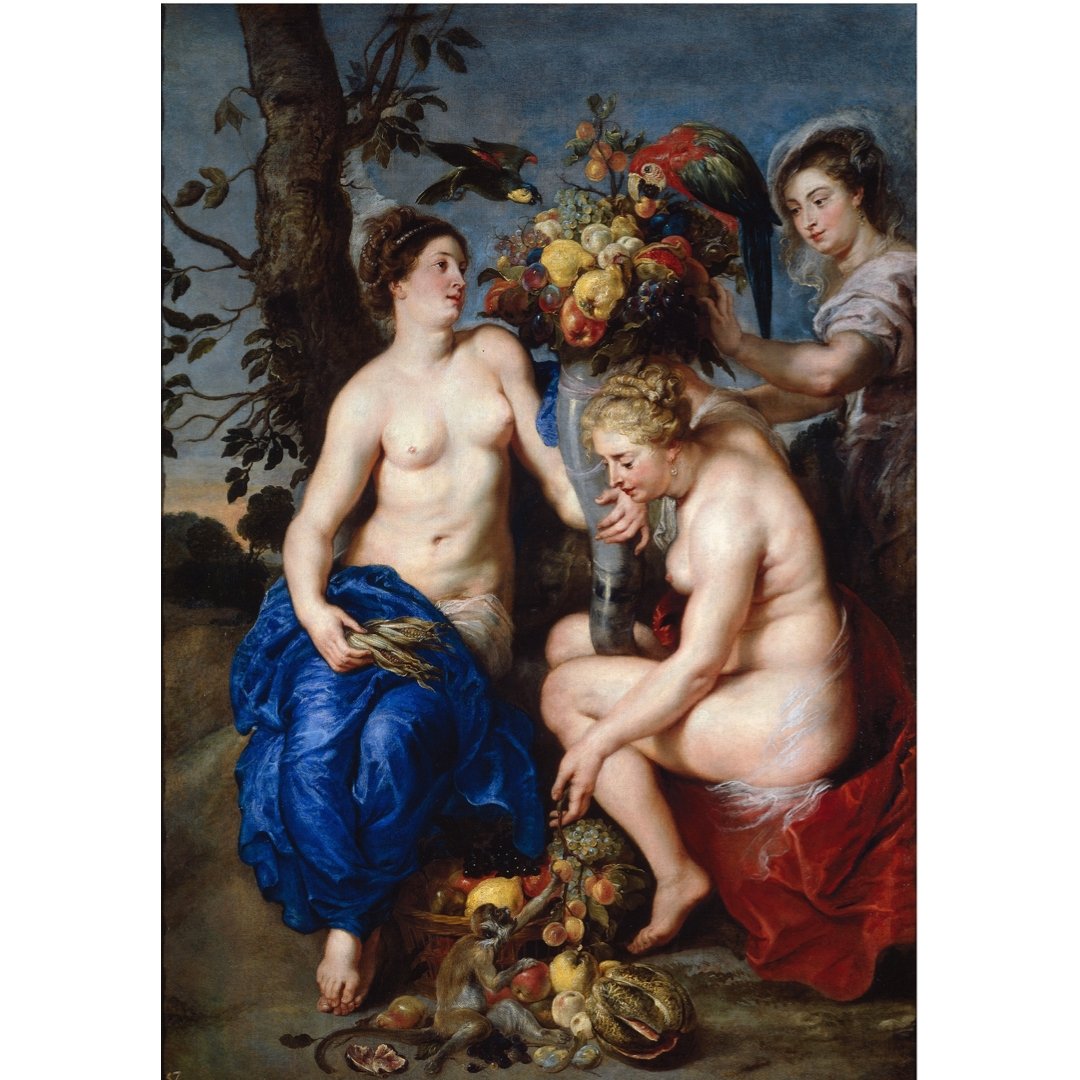 Poster y mini poster adhesivo y reposicionable: Tres ninfas con el cuerno de la abundancia de Peter Paul Rubens - Tienda Pasquín