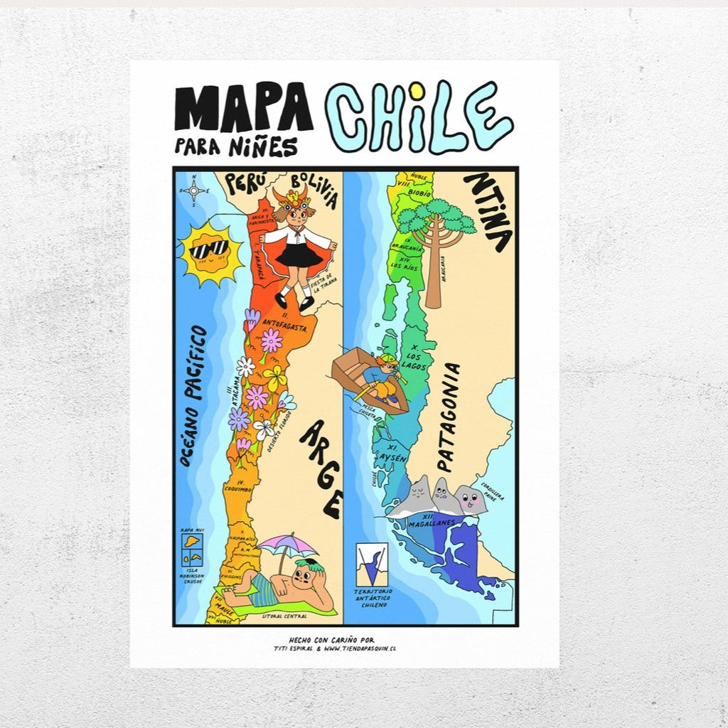 Póster y mini póster adhesivos y reposicionables: Mapa de Chile ilustrado - Tienda Pasquín