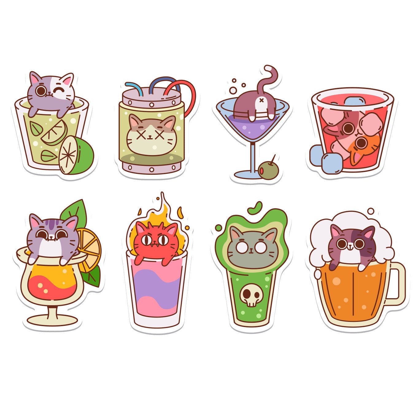 Set 8 Stickers Reutilizables: Cóctel de gatitos - Tienda Pasquín