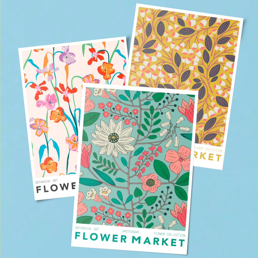 Set de 3 pósters adhesivos reposicionables: Flower Market - Tienda Pasquín